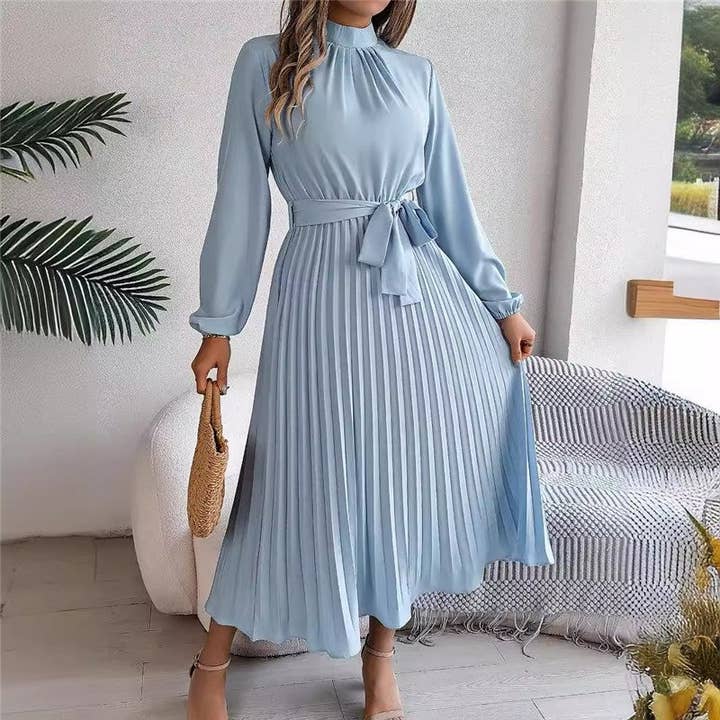 Solid Color Stand Collar Long Sleeve Pleated Maxi Dress for wholesale by UZ Wholesale Store