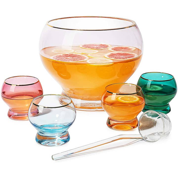 Colorful 3 Gallon Punch Bowl with 4 10oz Glasses Set & Ladle for wholesale by The Wine Savant / Khen Glassware