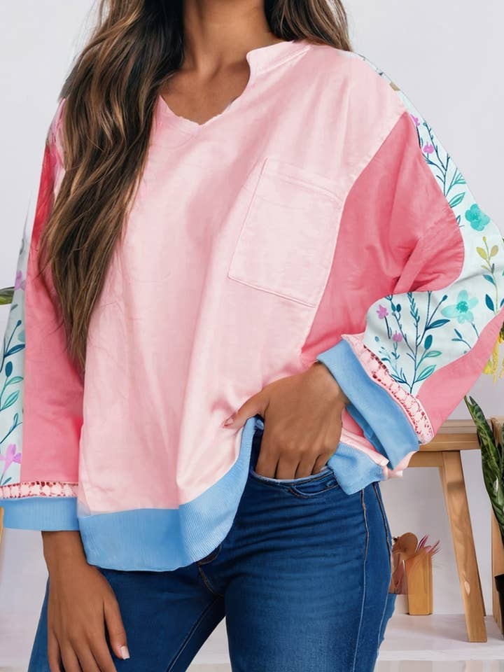 Fall Patchwork Chest Pocket Notched Neck Long Sleeve Top for wholesale by 66DISCO