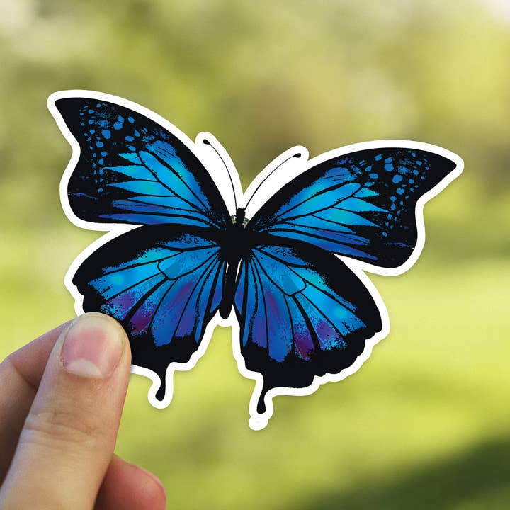 Blue Butterfly Waterproof Vinyl Sticker for wholesale by Heirloom Ink