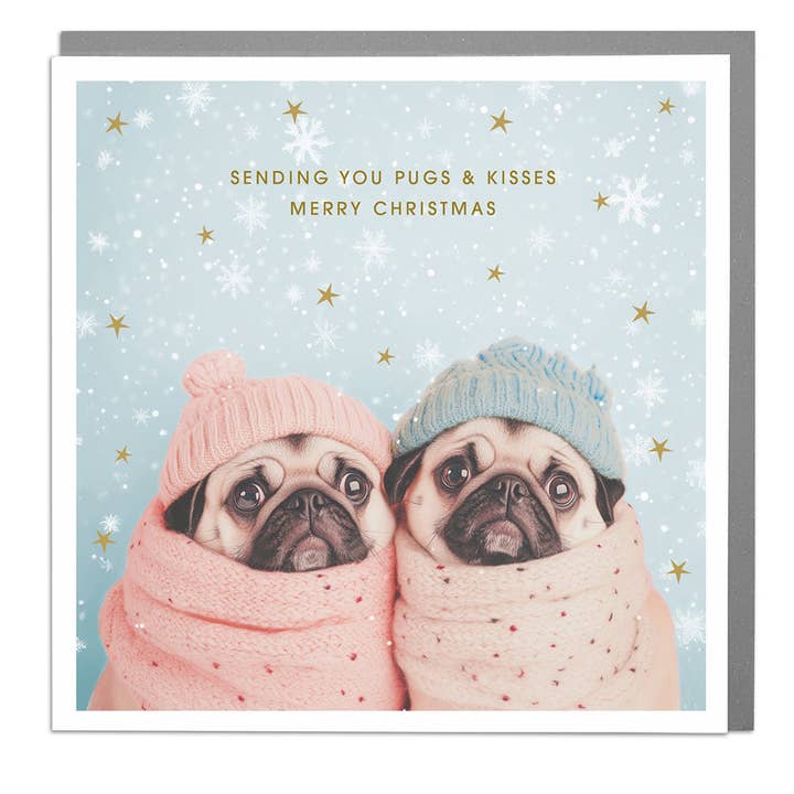 Pugs and Kisses Christmas Card by Lola Design for wholesale by Lola Design Ltd