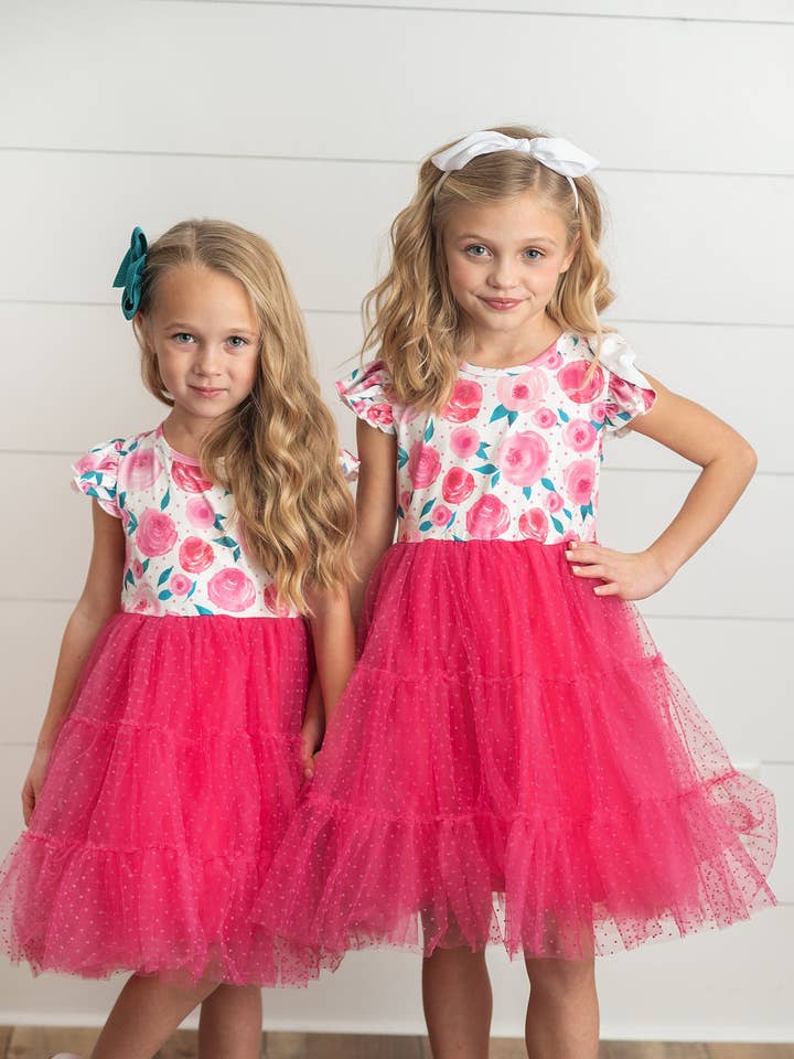 Girls Bright Pink Rose Tiered Tulle Spring Easter Dress for wholesale by Adorable Sweetness