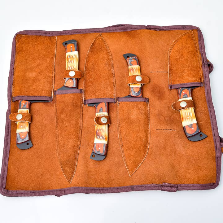 Titan International - Wholesale Knife Set - 5-Piece Knife Set / With Leather carry Bag Burnt Bone