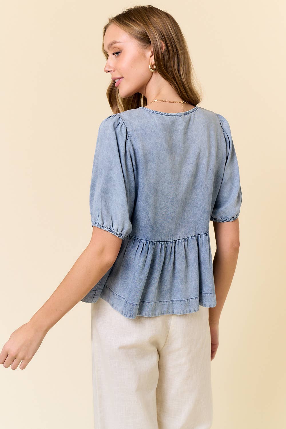 LT DENIM Puff Short Sleeve Bow Tie Front Peplum Top - 44876T for wholesale on Faire3