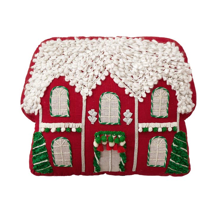 Coussin brodé avec appliqué de pompons Red House pour la vente par Peking Handicraft