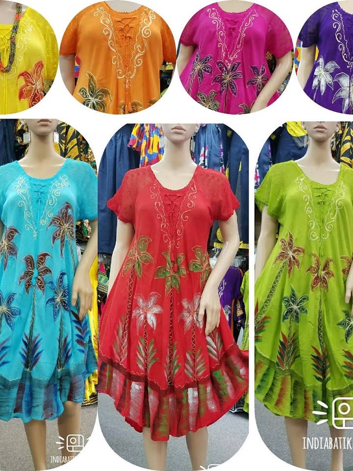 Umbrella Dress/ Short Sleeves/ Beach Dress/ Palm Trees Print for wholesale by India Batik