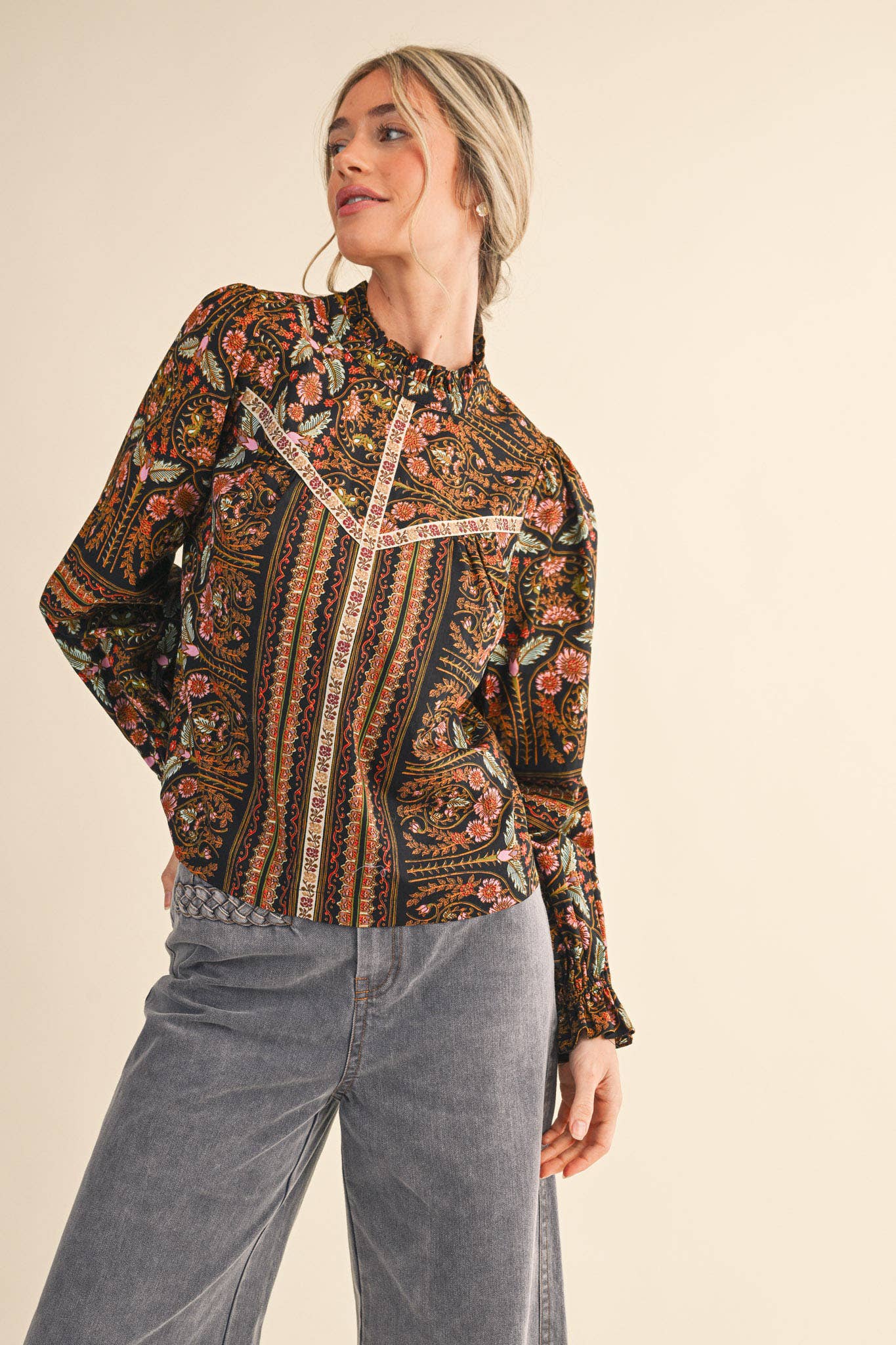 &MERCI - Wholesale Blouse - Women's - EXCLUSIVE FLORAL PRINT TOP WITH FLORAL TRIM MTP45283