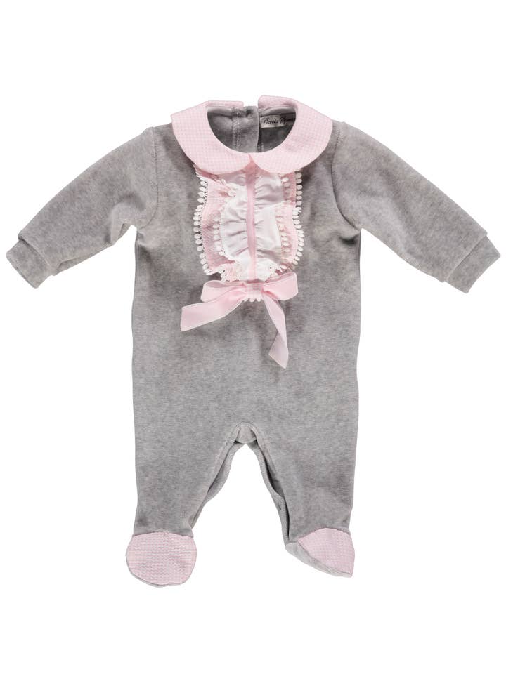 PS23W002014/B Gray babygrow with ruffles and bow for wholesale by Piccola Speranza