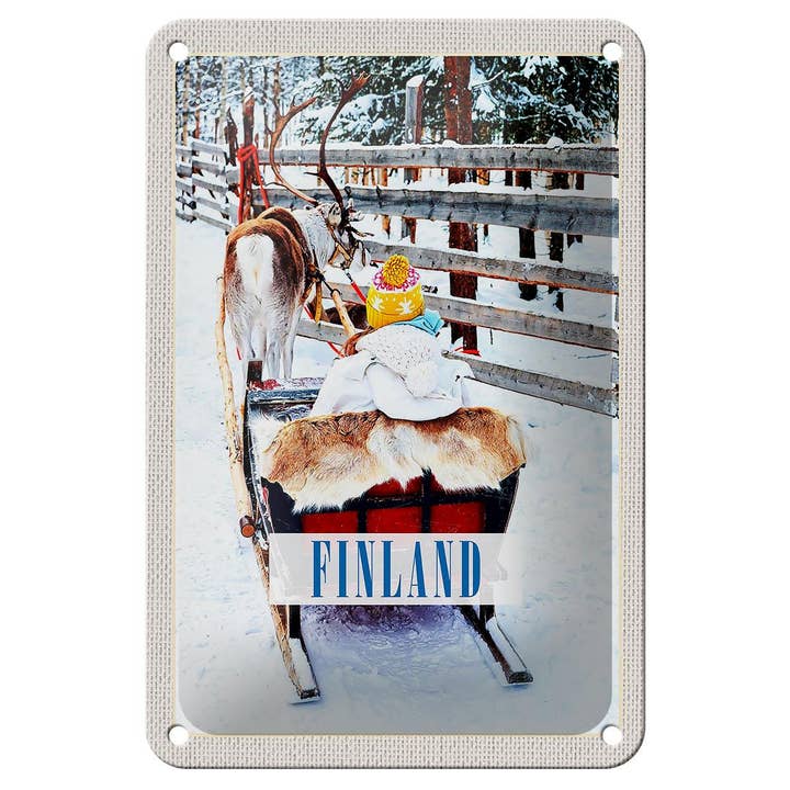 Tinnen bord Travel 12x18 cm Finland Snow Child Deer Sleigh voor wholesale door Femer