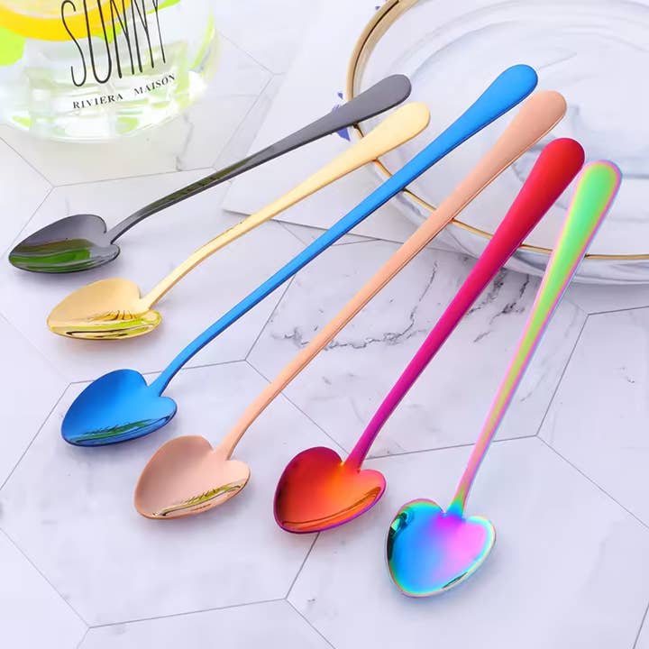Sostraw & SmartThings - Wholesale Table Spoon (Cutlery) - Ice Cream Heart Spoon - Long Handle - 4 colors available !3