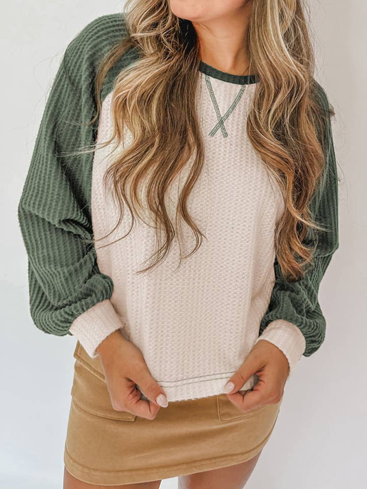 Mist Green Waffle Color Block Raglan Sleeve Top for wholesale on Faire0