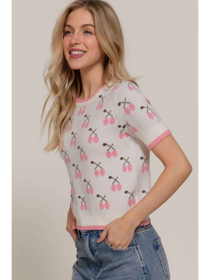 Active Basic | Active USA - Wholesale Knit Top - Women's - Short Sleeve Contrasting Edge Line Cherry Pattern Sweater6
