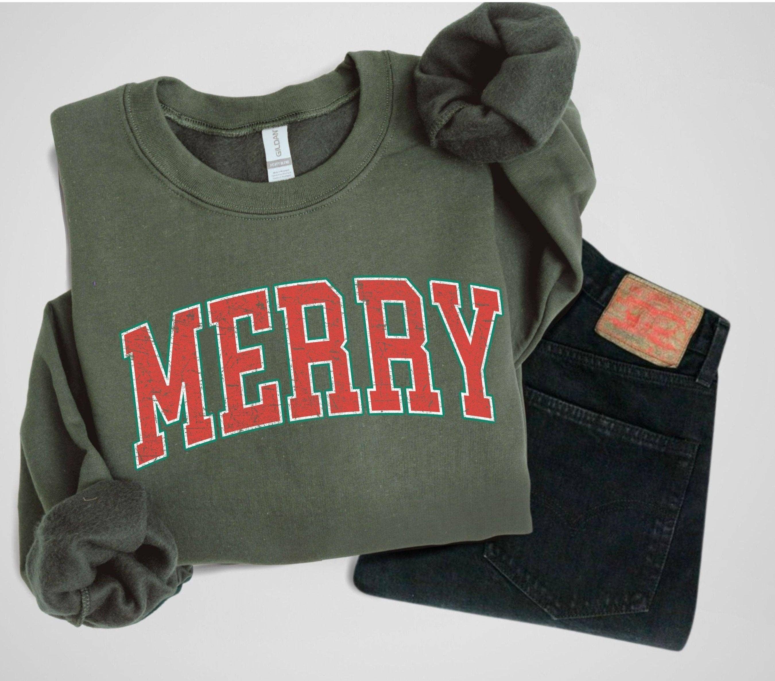Military Green Distressed Vintage Merry Oversized Christmas Sweater for wholesale on Faire1