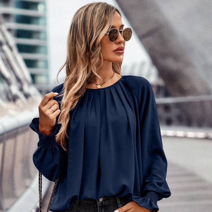 Chiffon Long Sleeve Cinch Wrist Boatneck Blouse for wholesale by L Michele