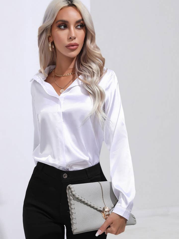 NINEXIS - Wholesale Button Down Shirt - Women's - CWTBLL0692_Button Down Silky Satin Long Sleeve Top37