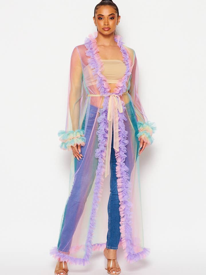 Made of Magic Tulle Mesh Duster Kimono Cardigan (HDJ28949) for wholesale by Hot & Delicious