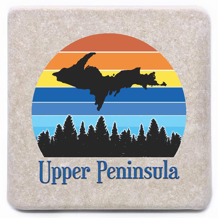 Michigan Upper Peninsula Shape Retro Sunrise Stone Magnet for wholesale by Noomoon