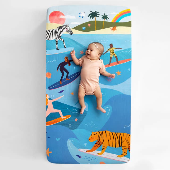 Rookie Humans - Wholesale Cot/Crib Sheets - Cotton Sateen Crib Sheet: Surfing Safari