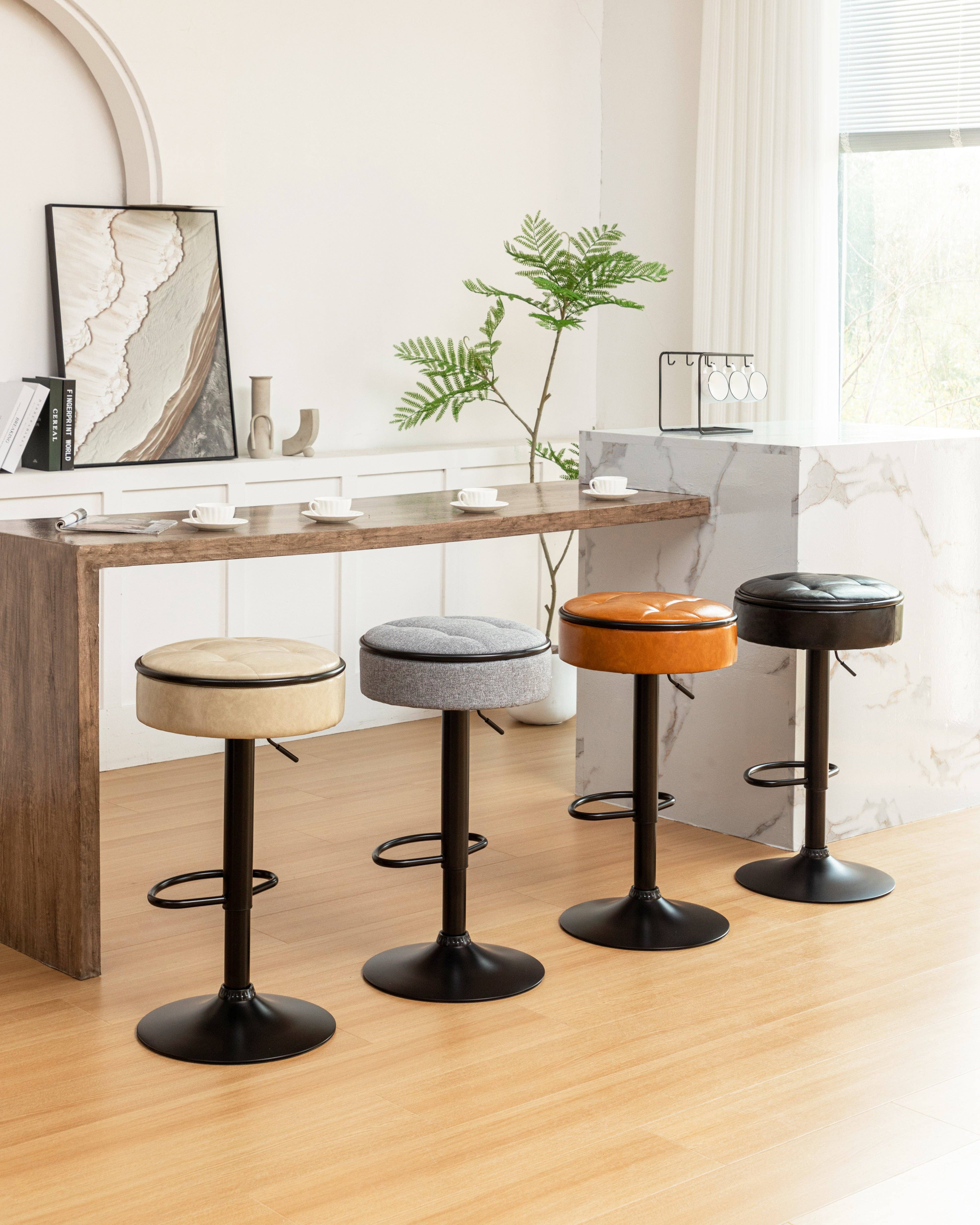 Orange County Decor - Wholesale Stool - Round Storage Bar Stool Set Of 2, Khaki Faux Leather Height Adjustable Barstool, 360 Counter Height Swivel Stool, Armless Bar Chair With Metal Frame For Kitchen Counter Dining Living Room Khaki Set5