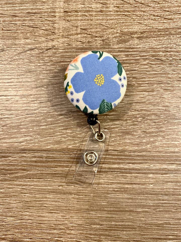 Rifle Paper Co. Blue Flower Retractable Badge Reel for wholesale by Polka Dot Pines
