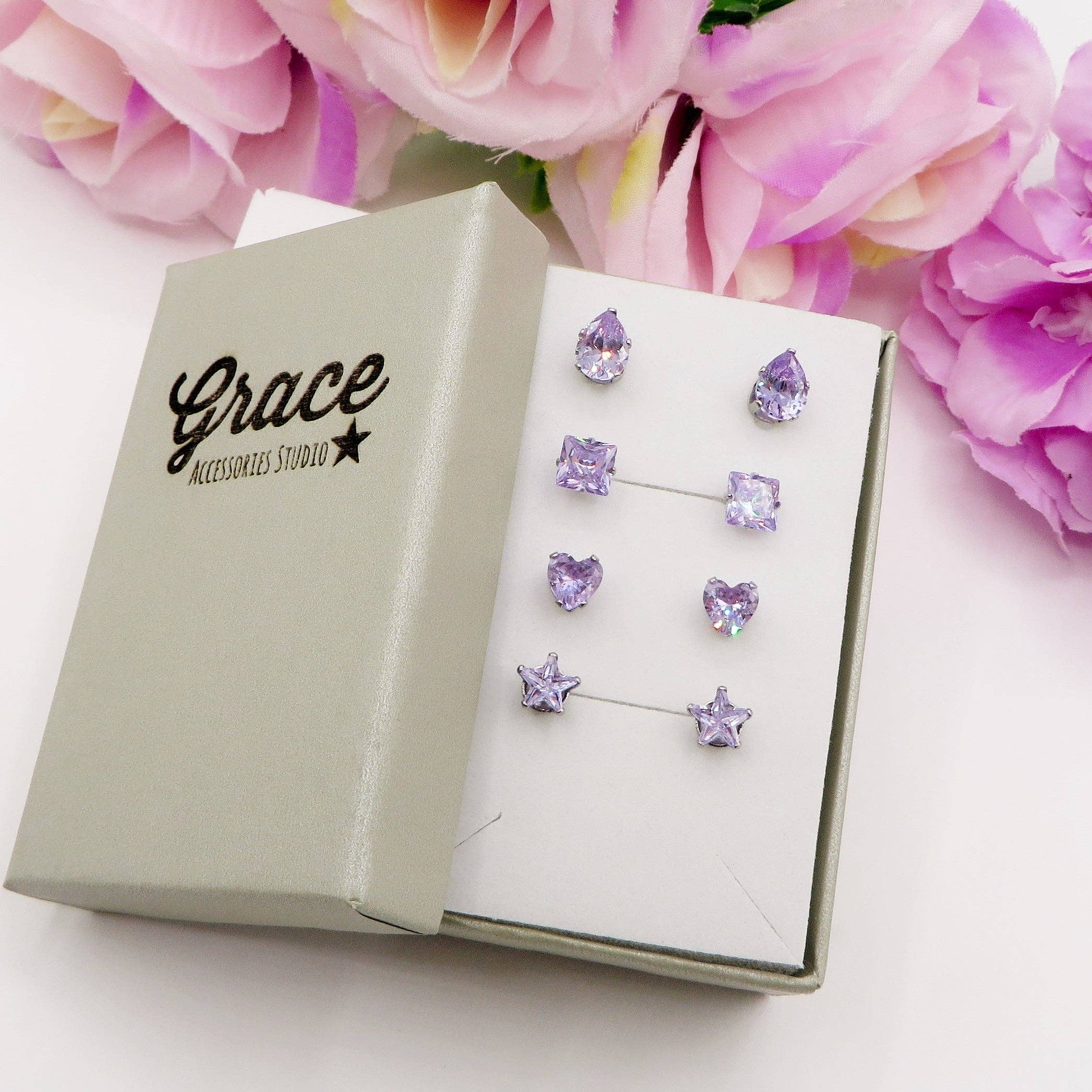 Daemon srls - Wholesale Jewelry Set - SET 4 PAIA PUNTI LUCE SHINE colours ~ 4 forme punti luce acciaio inossidabile ~ 8 PZ ~ 12 varianti colore ~ Orecchini a lobo con zirconi2