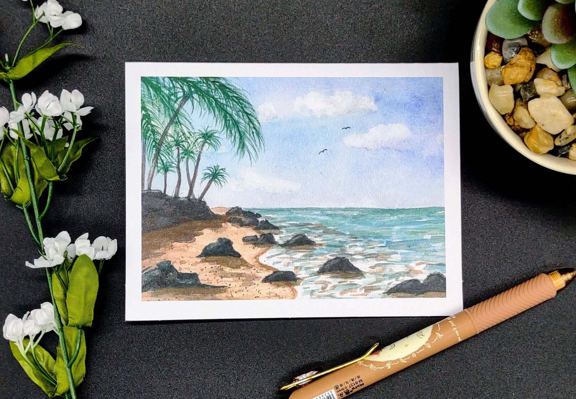 Kathryn Paul Fine Art - Wholesale Stationery/Notecard Set - Tropical Watercolor Notecard Set with Beach and Palm Trees1