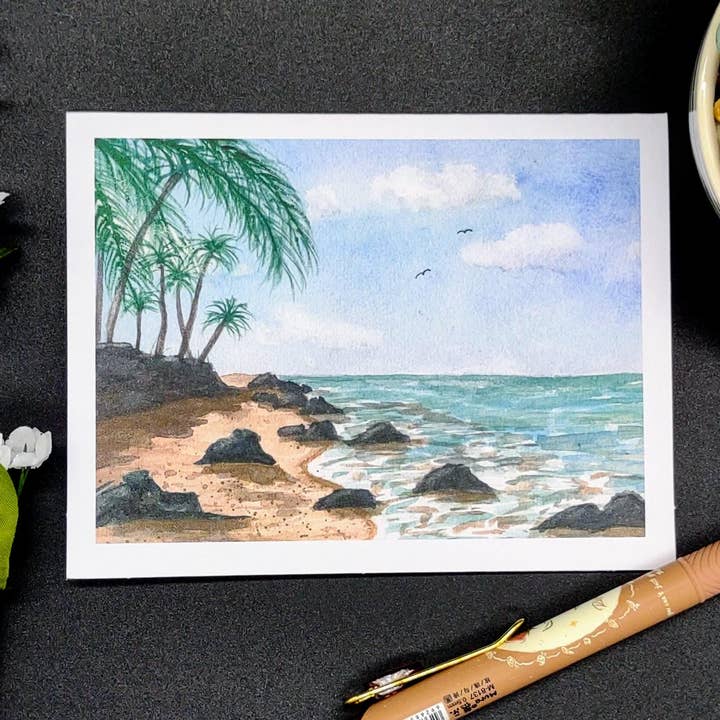 Kathryn Paul Fine Art - Wholesale Stationery/Notecard Set - Tropical Watercolor Notecard Set with Beach and Palm Trees1