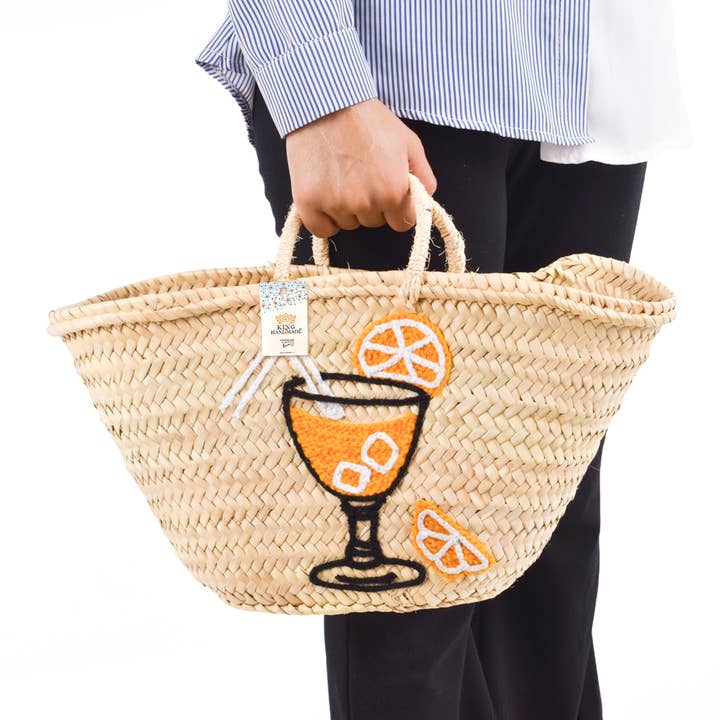 King Of Handmade - Wholesale Beach Bag - Handwoven Spritz Basket with Orange Cocktail Design