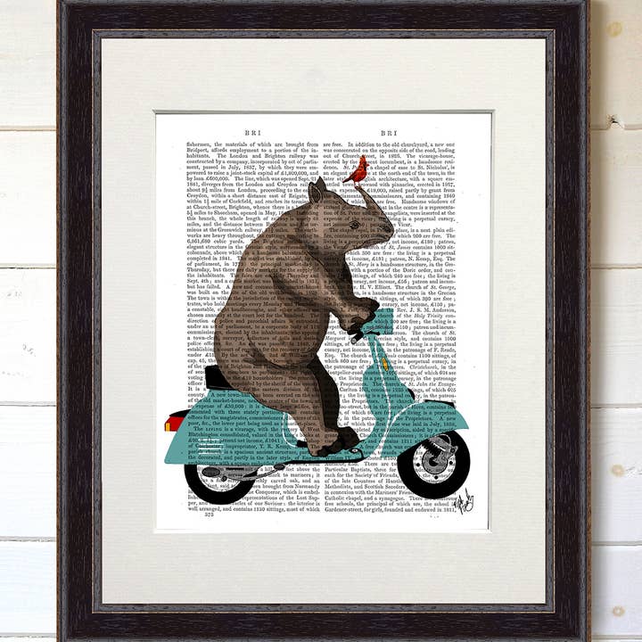 Rhino on Scooter Moped book print / Art Print / Wall Art for wholesale by FabFunky Ltd