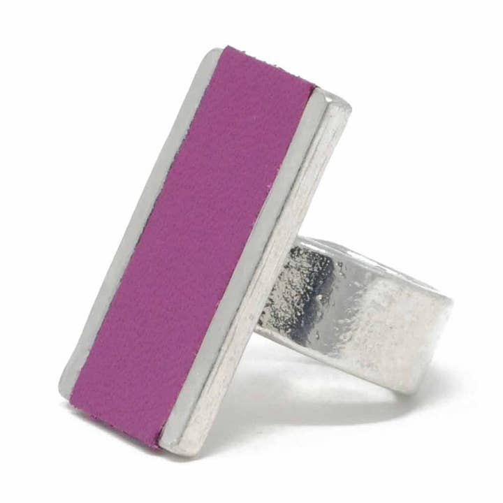 Adjustable Rectangle Ring With Leather Inlay Grape for wholesale by Sobo & Co Jewellery