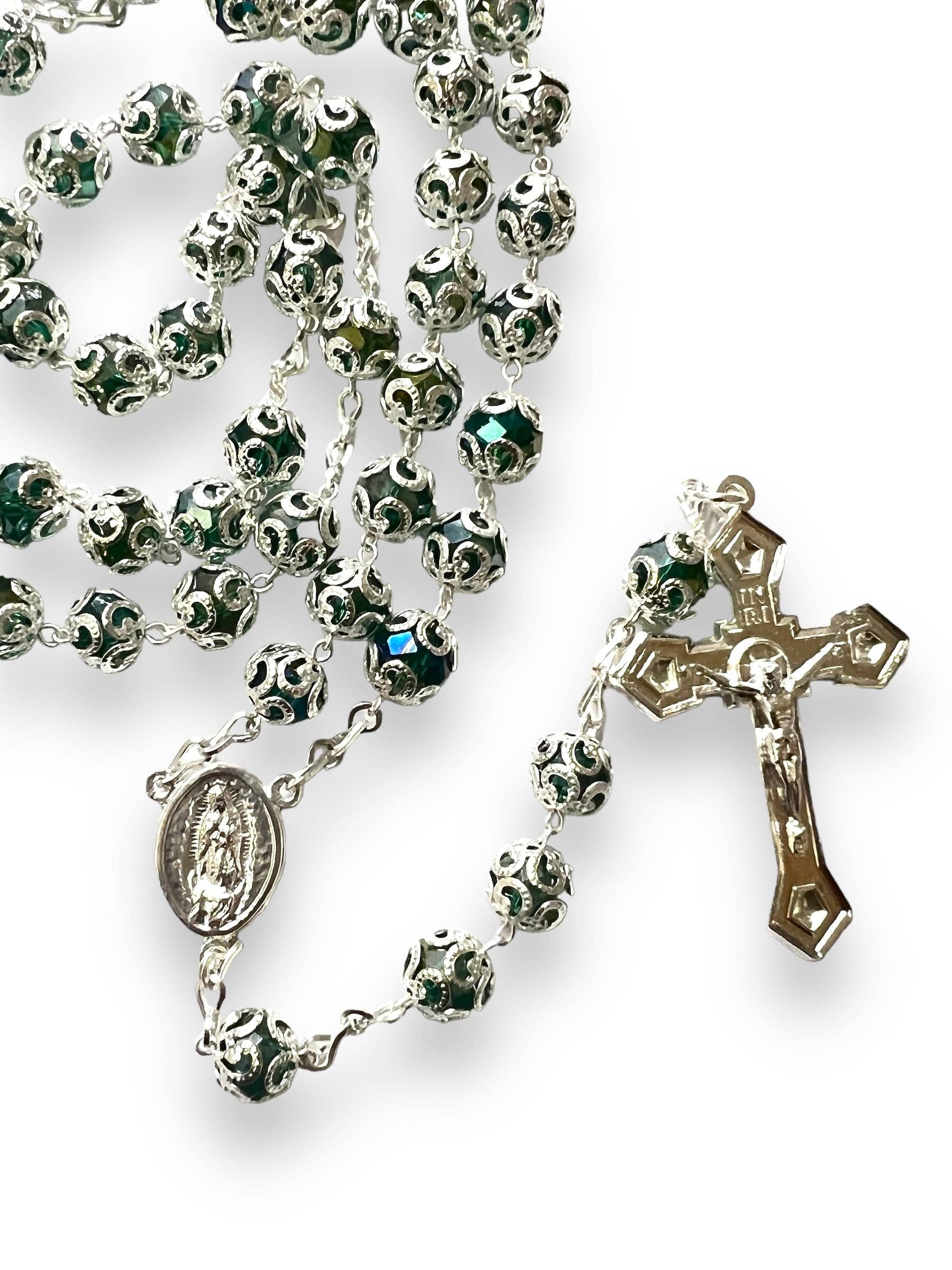 SAN JUDITAS RELIGIOUS ARTICLES – Colar de contas de oração por atacado – TERÇO COM CRISTAL: VERDE ESMERALDA - NOSSA SENHORA DE GUADALUPE/SAGRADO CORAÇÃO2