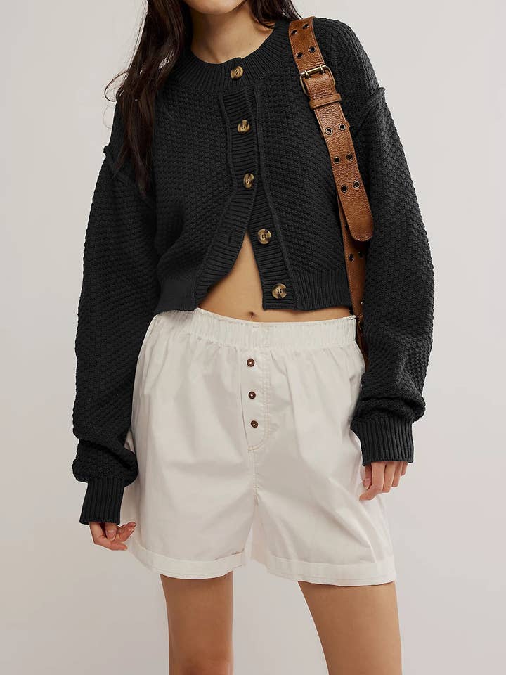 Rosa Clothing - Wholesale Cardigan - Women's - Slouchy button down cropped textured knit cardigan