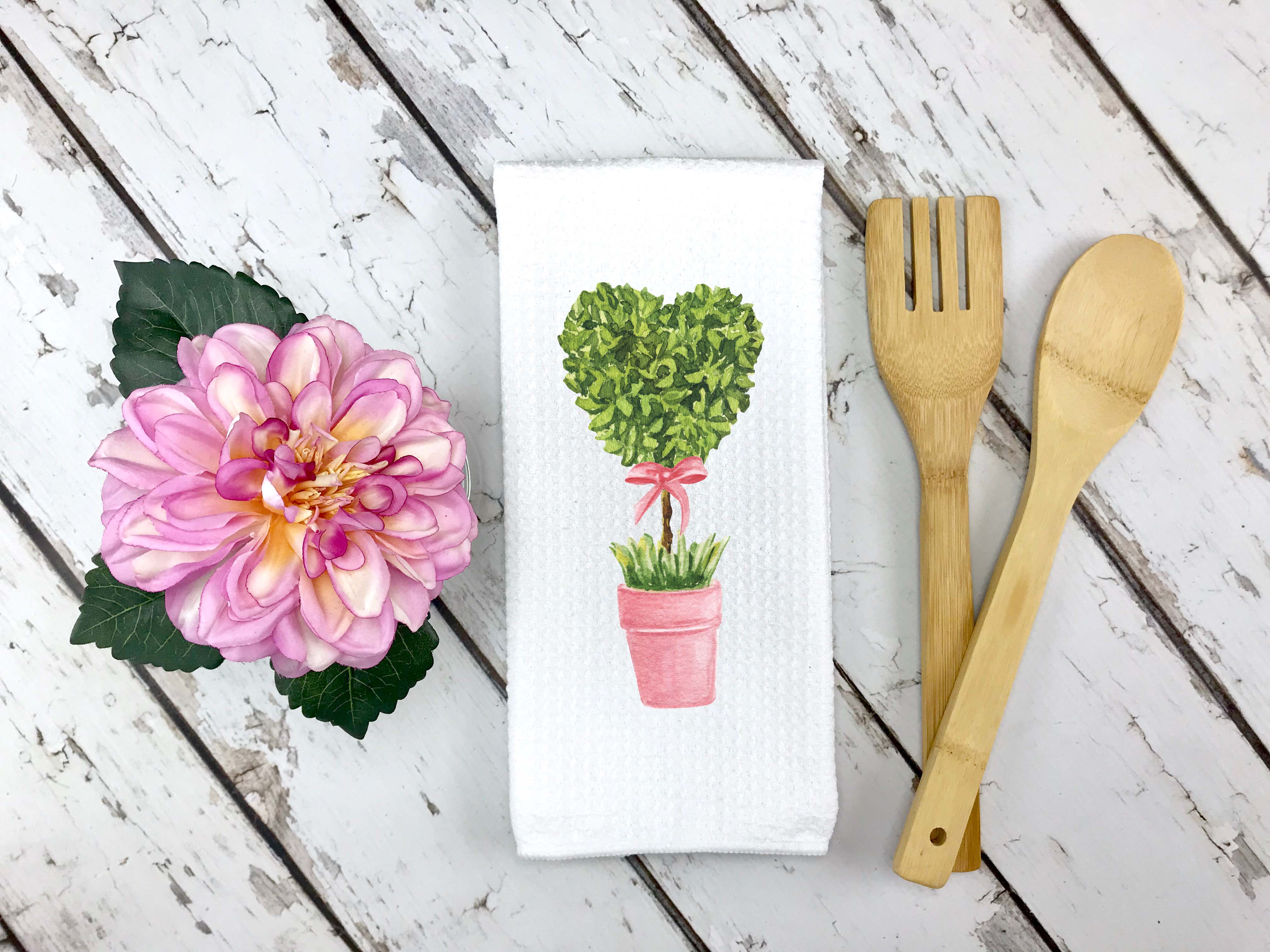 Canary Road - Wholesale Tea Towel - Heart Potted Tree Kitchen Towel, Valentines Wreath Towel2