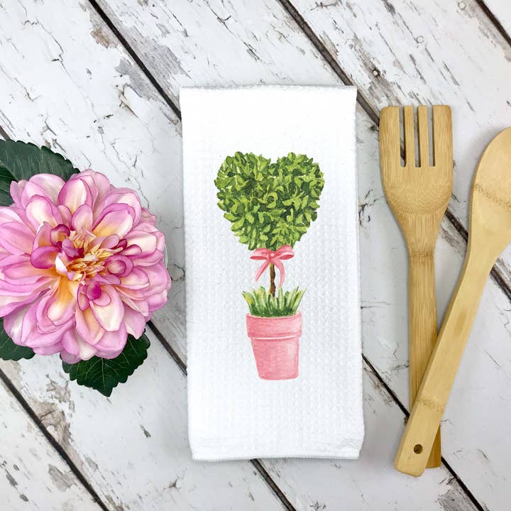 Canary Road - Wholesale Tea Towel - Heart Potted Tree Kitchen Towel, Valentines Wreath Towel2