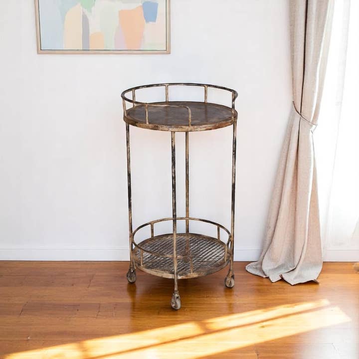 HomeRoots - Wholesale Bar Cart - 18" Brown Iron Distressed Round Rolling Bar Cart1