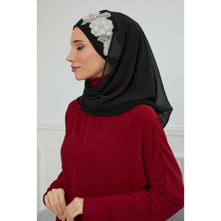 Aisha's Design - Wholesale Hijab – Women’s - Luxury Instant Chiffon Hijab with Floral Lace, Ready-to-Wear Chiffon Hijab with Embroidered Flowers,CPS-1018