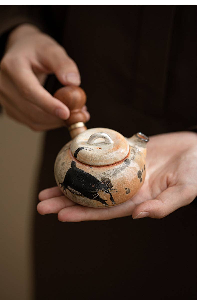 Gohobi （We cover U.S. import duties） - Wholesale Tea Pot - Gohobi Handmade Black Ink Hand-painted Cat Side Handle Teapot 0034