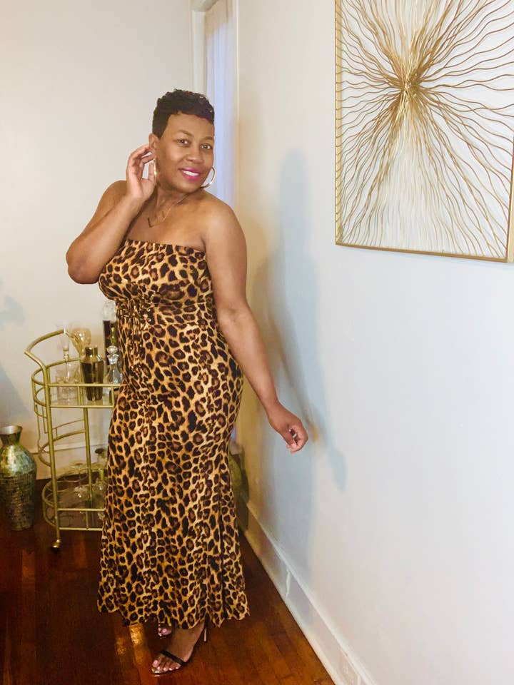 Robe longue sans bretelles à imprimé léopard Sadora pour la vente par Boutique1979