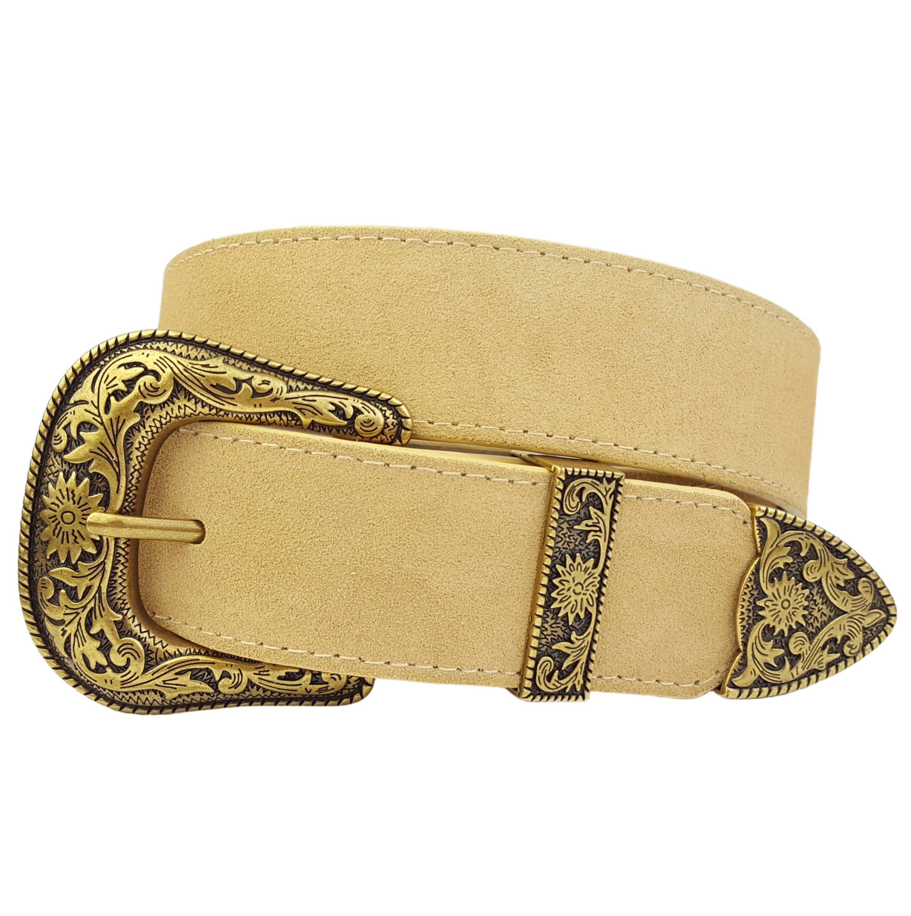 Axesoria West – Cinto - Mulher por atacado – Cinto de Camurça Genuína com Fivela Ocidental Dourada1