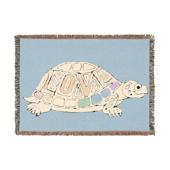 Blue Love Turtle Woven Blanket for wholesale by Two Owls