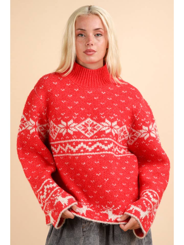 VERY J - Wholesale Knit Sweater - Women's - 12W3202N-Oversized Nordic Christmas Holiday Sweater Top