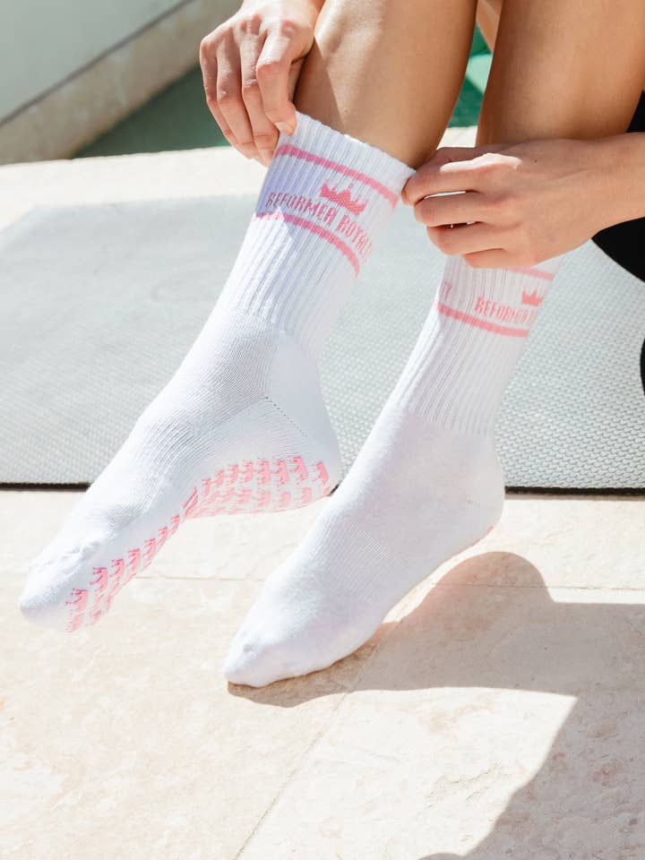 White Reformer Royalty Pilates Grip Socks for wholesale on Faire5