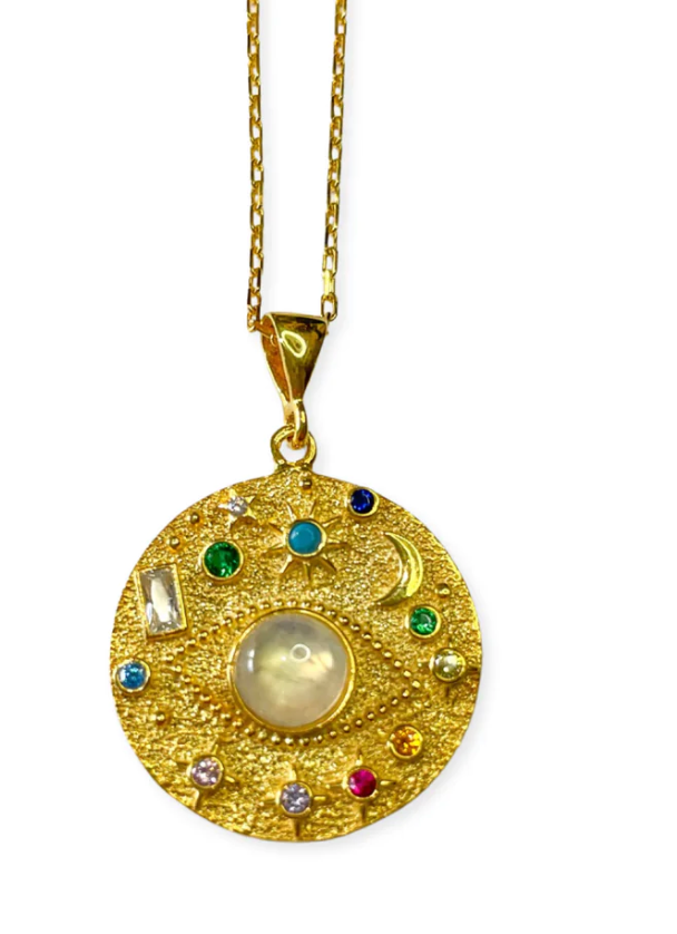 HoopLa - Venta al por mayor Collares con colgantes/abalorios - Collar Amuleto de Moneda Celestial con Tercer Ojo - acero2