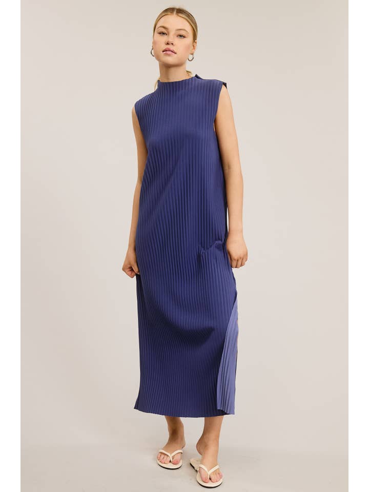 Mimosa - Wholesale Dress - Women's - Sleeveless Pleated Midi Dress with Side Slit5