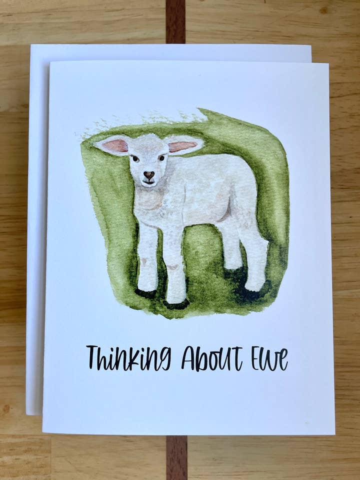 Thinking Of Ewe - Sheep - Watercolor Greeting Card for wholesale by Kristin Schmidt Artist
