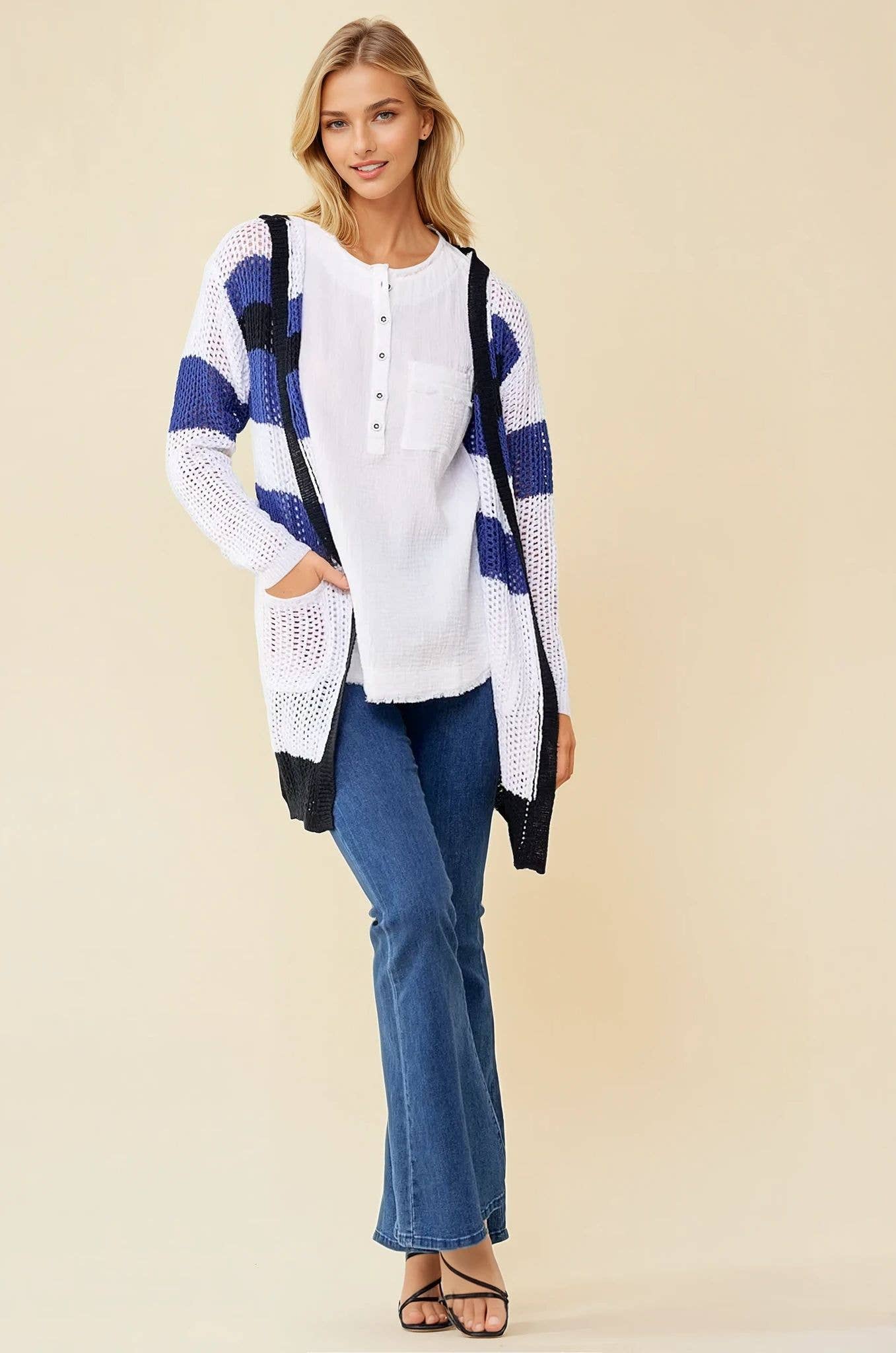Navy Black Multi Stripe Hoodie Cardigan - 10138J for wholesale on Faire5