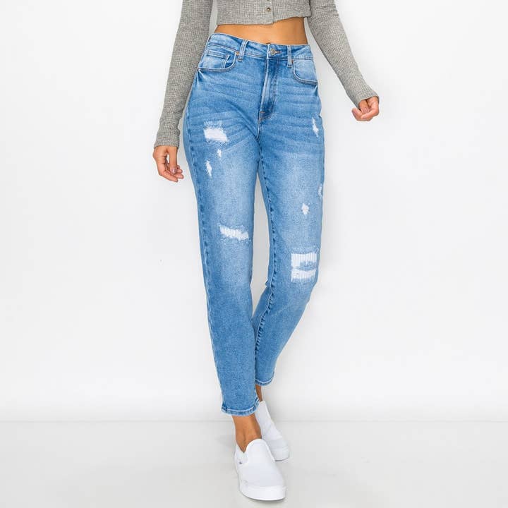 MENDED DESTRUCTED MOM JEAN for wholesale by BELLA LUNA