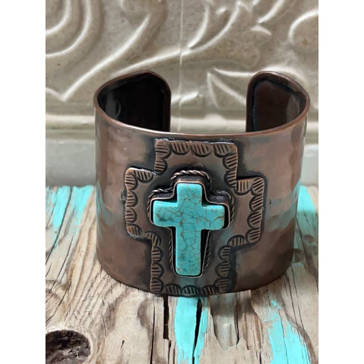 Nizhonitradersllc – wholesale Cuff bracelet – Engraved Copper Cuff Bracelet with Blue Cross2