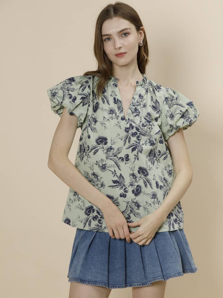 Vintage Floral Ruffled Neckline Puff Sleeve Blouse for wholesale by A & SHE