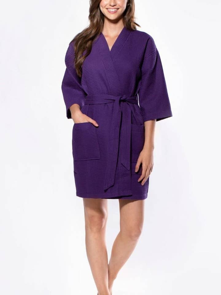LM Brands Waffle Kimono Purple Short Robe Square Pattern LM7063-Purple for wholesale by Lingerie Mart
